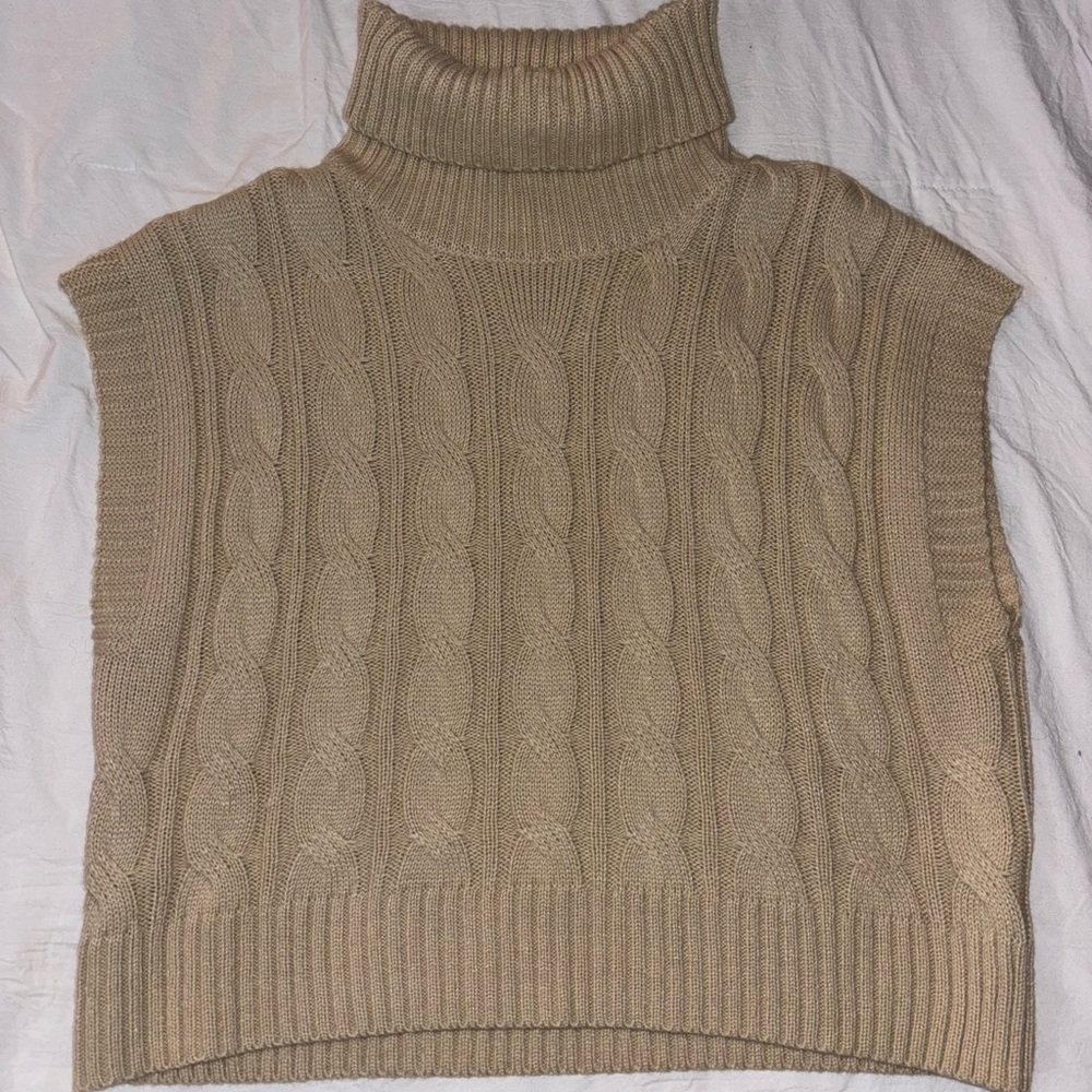 Tan Cable Knit Turtleneck Sweater Vest